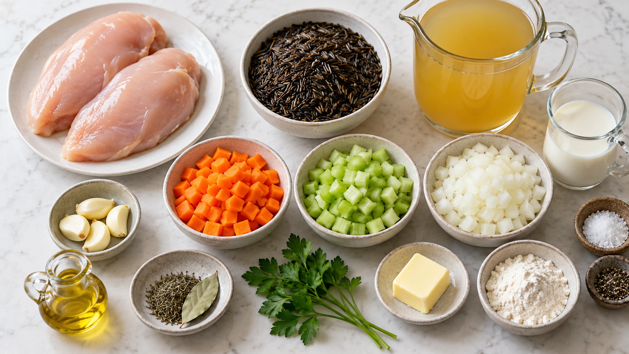 Chicken and wild rice soup ingredients with raw chicken kept on a separate plate