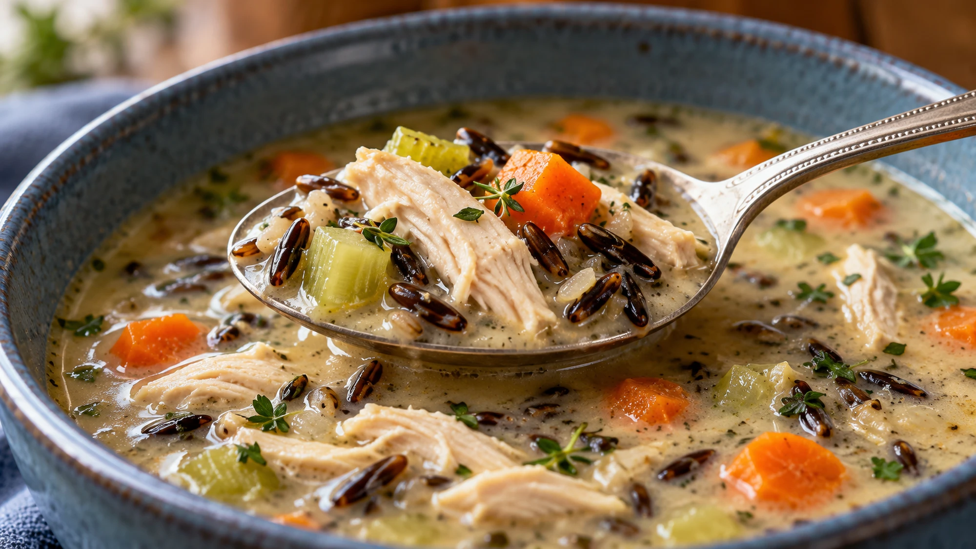 Spoonful of chicken and wild rice soup showing tender chicken and dark grains
