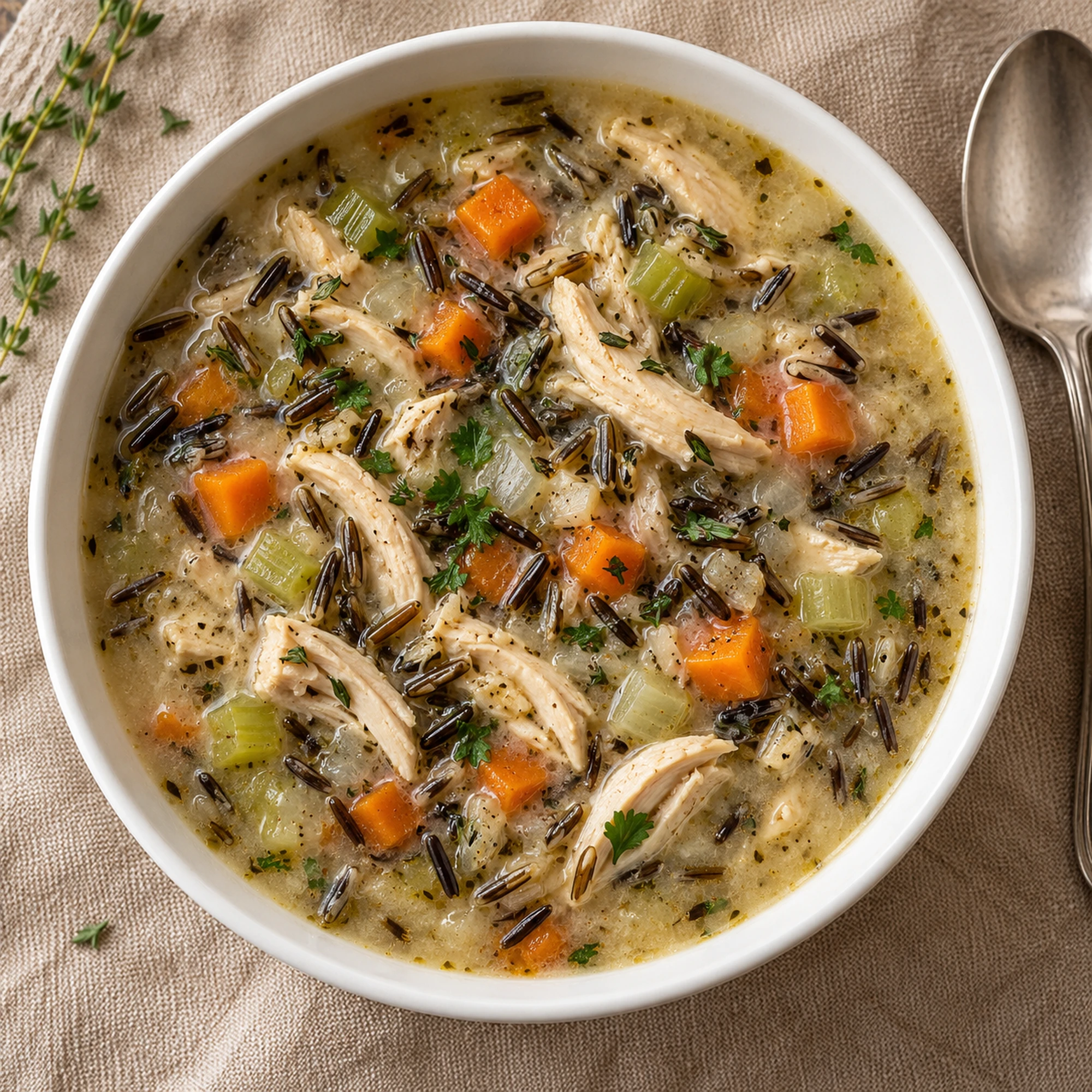 Overhead bowl of chicken and wild rice soup with parsley