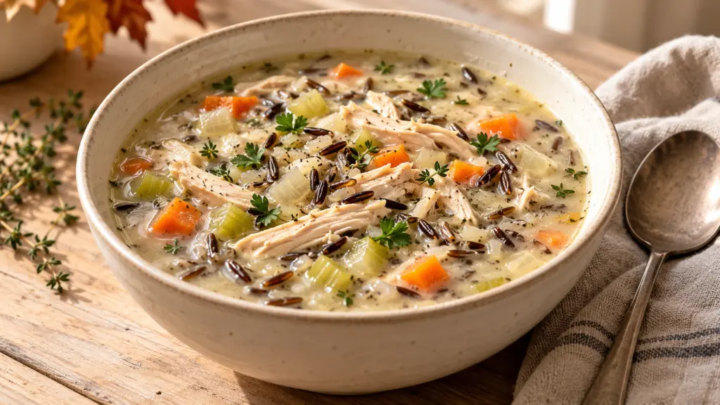 Chicken and wild rice soup with shredded chicken, carrots, celery, and parsley
