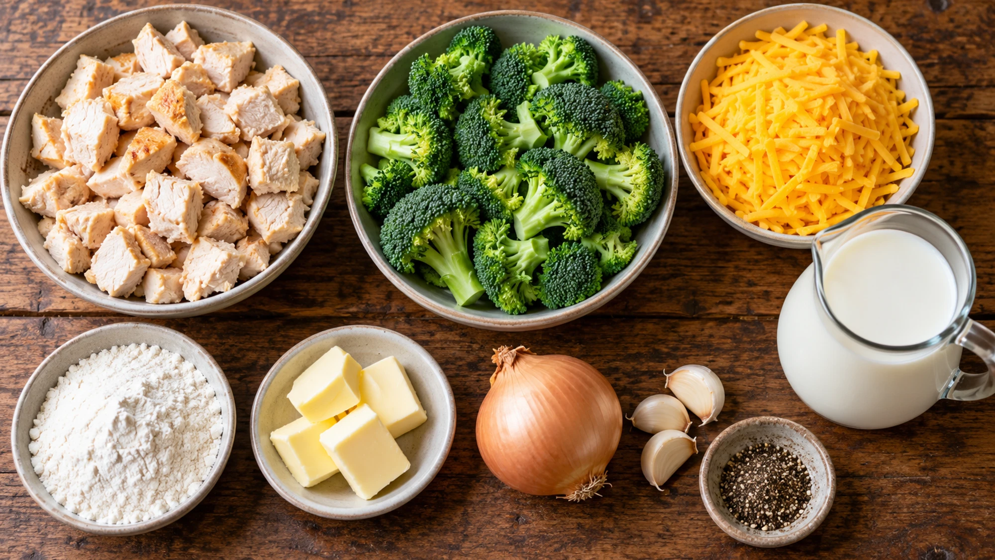 Chicken broccoli casserole ingredients including cooked chicken broccoli milk flour and cheddar