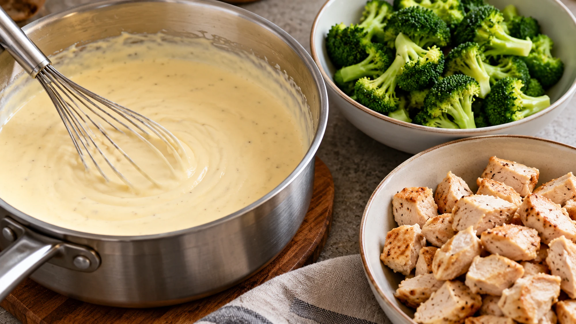 Homemade sauce beside broccoli and cooked chicken for chicken broccoli casserole