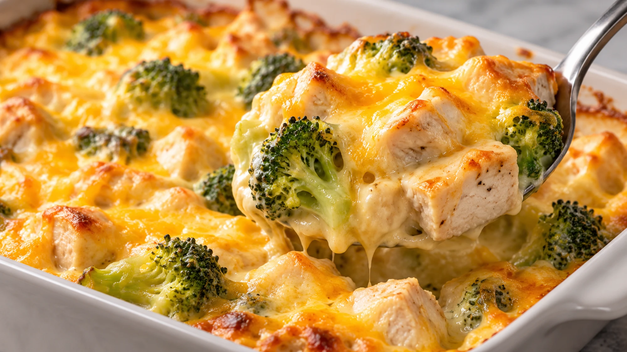 Spoonful of creamy chicken broccoli casserole lifted from the baking dish