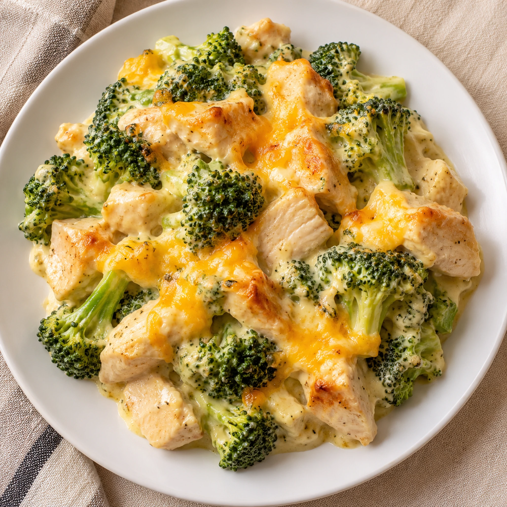 Chicken broccoli casserole served on a white plate