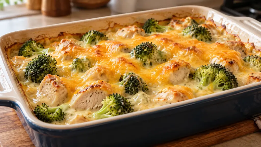 Chicken broccoli casserole with a golden cheddar topping