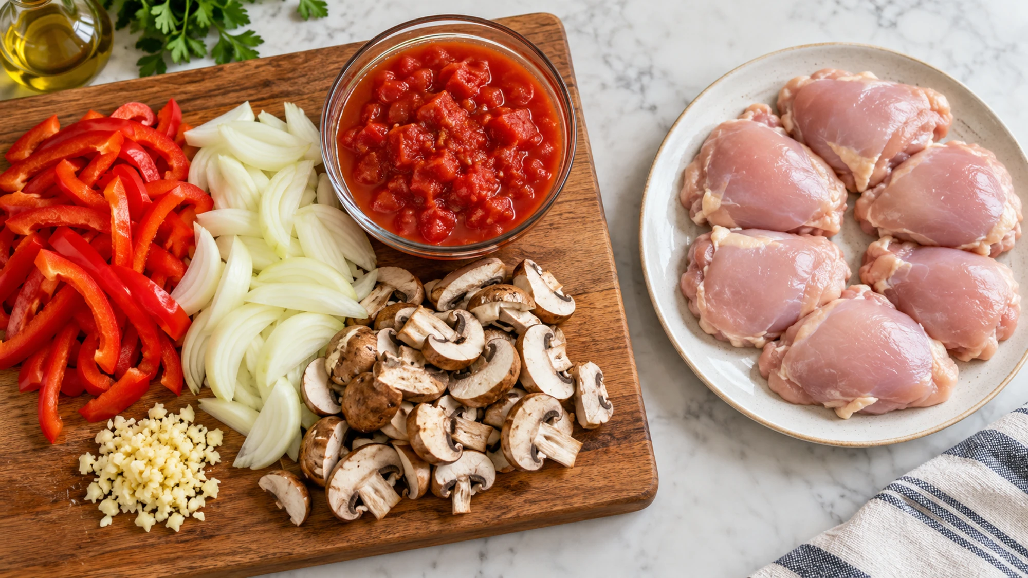 Separate raw chicken and prepared vegetables for chicken cacciatore
