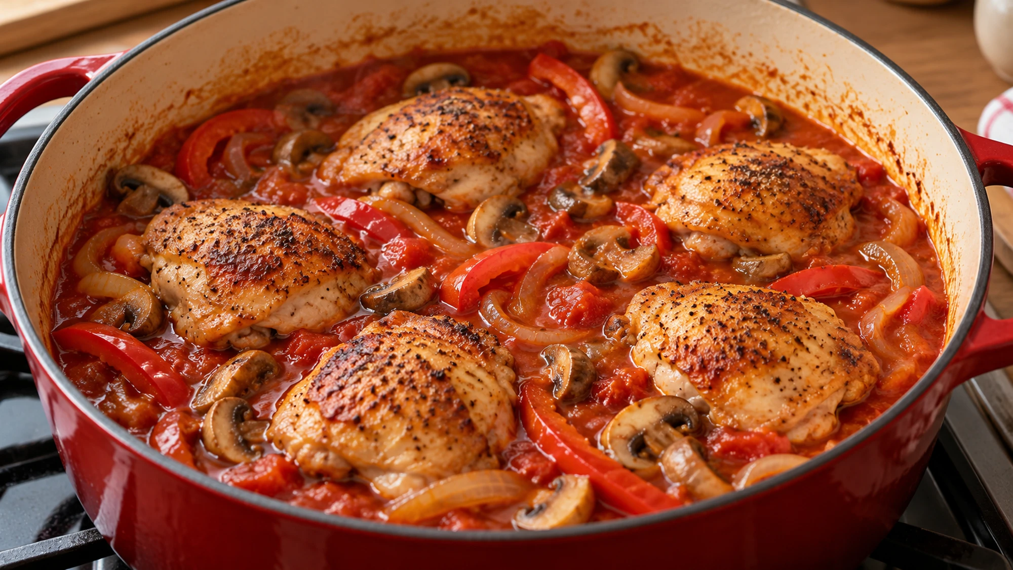 Chicken cacciatore simmering in a Dutch oven
