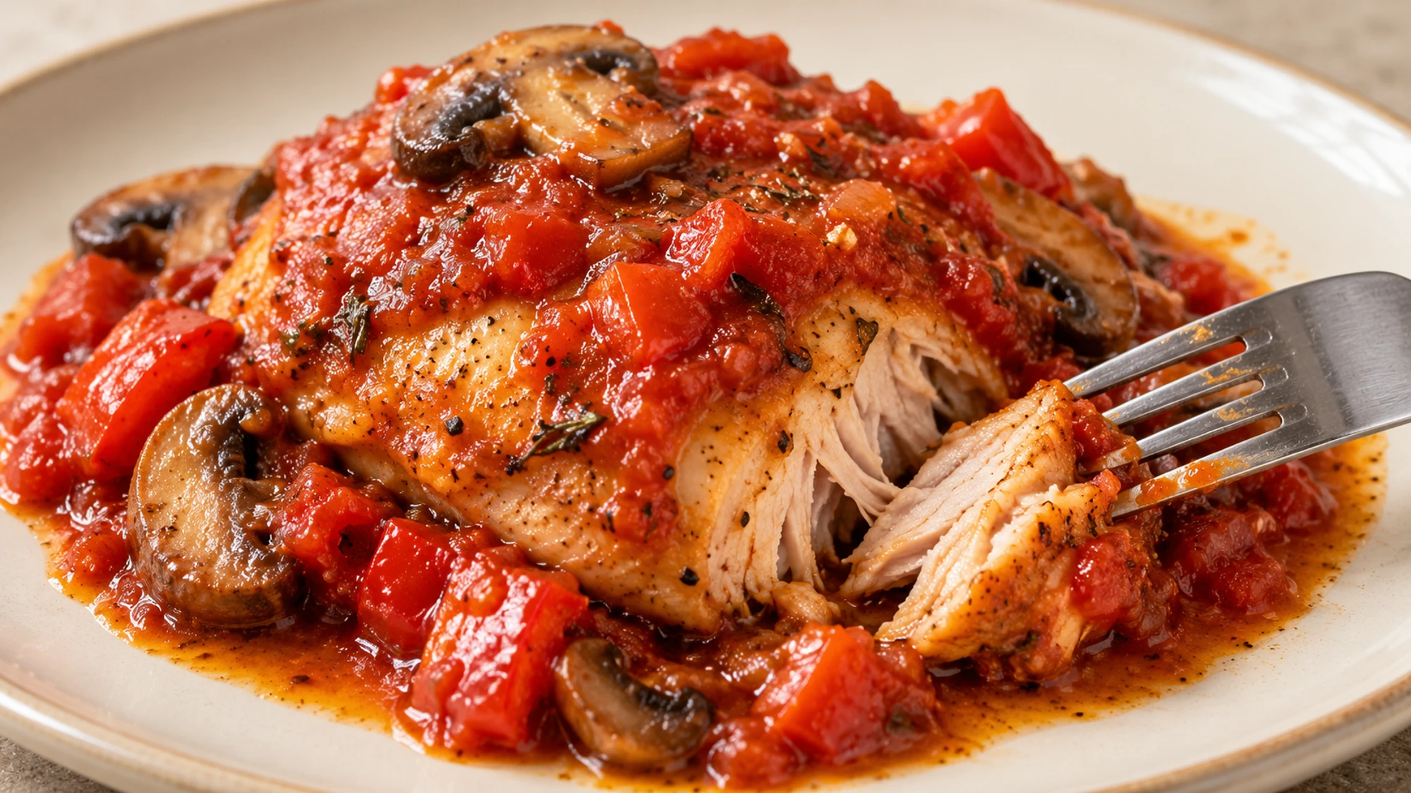 Fork separating a cooked thigh in chicken cacciatore