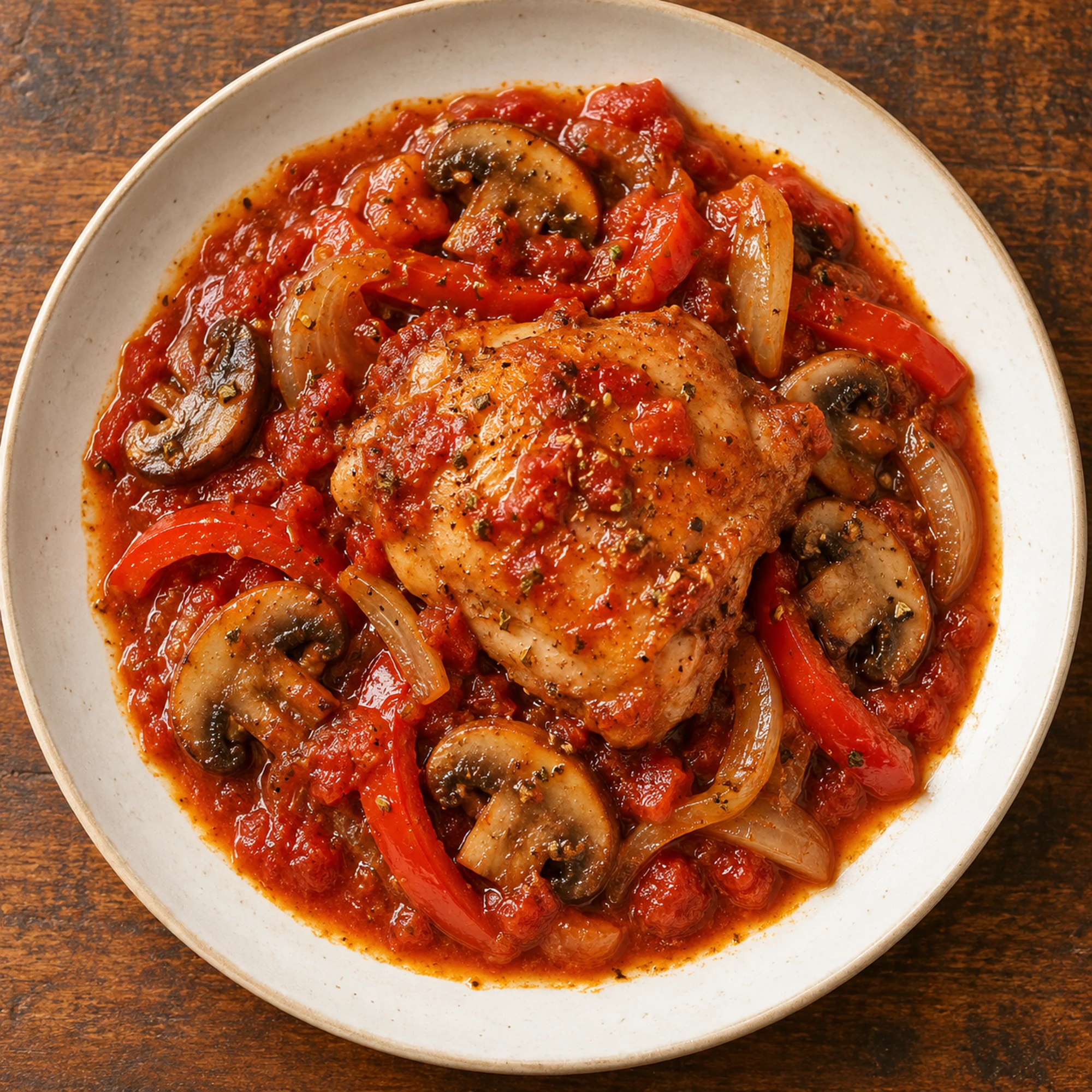 One serving of chicken cacciatore with tomato vegetable sauce