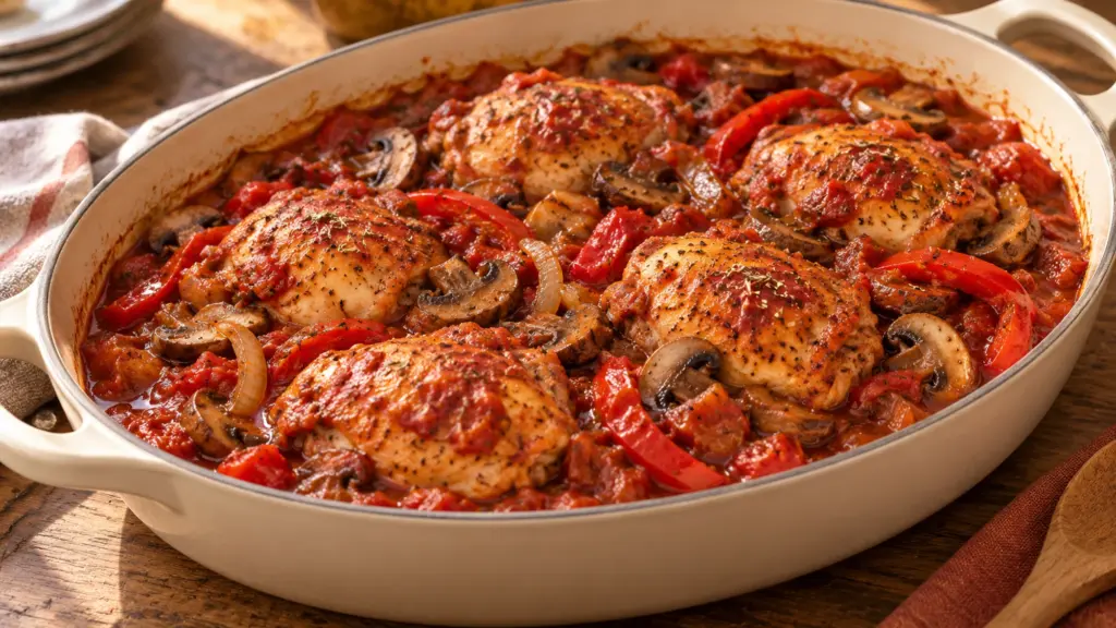 Chicken cacciatore with red peppers mushrooms and tomato sauce