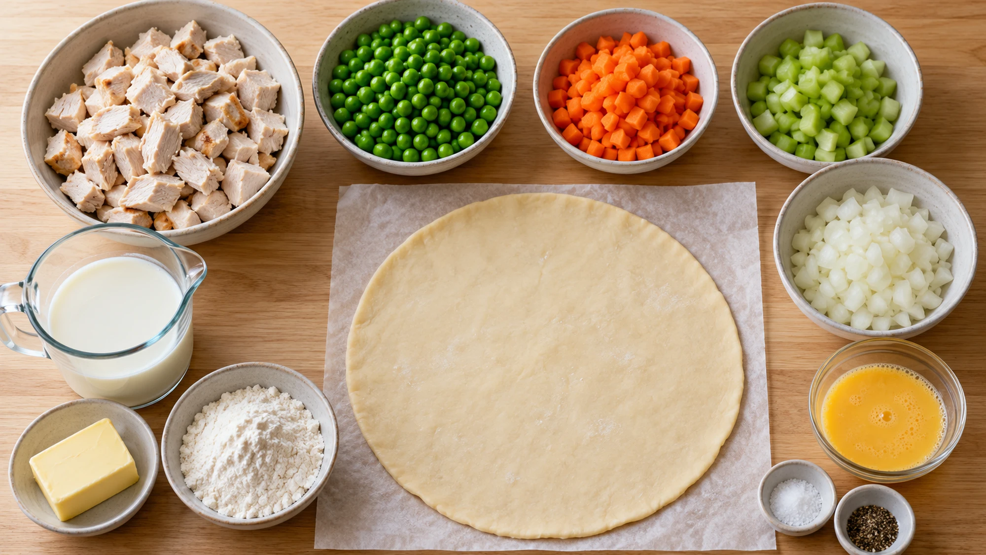 Ingredients for chicken pot pie with one pastry round and cooked chicken