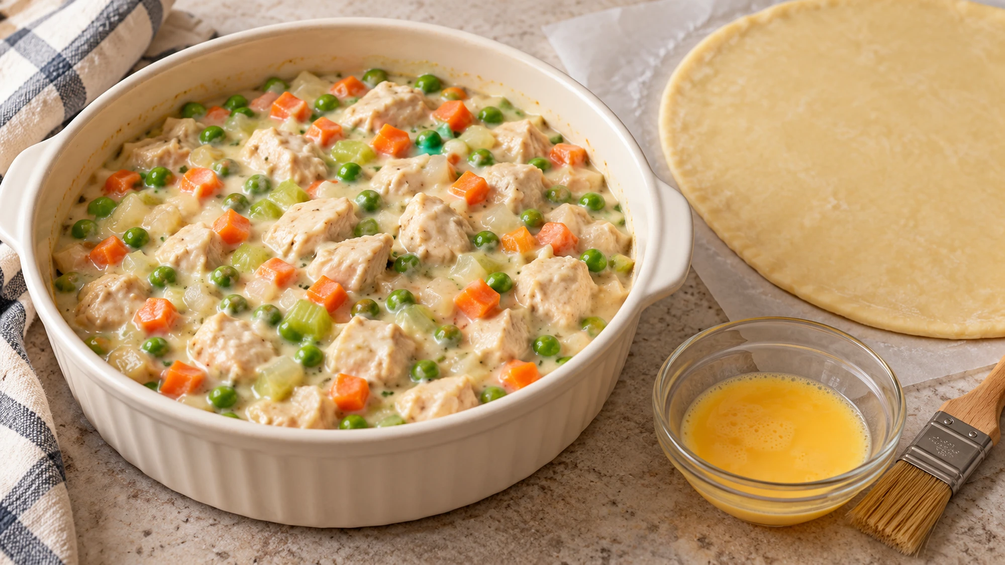 Chicken pot pie filling ready for its single pastry lid