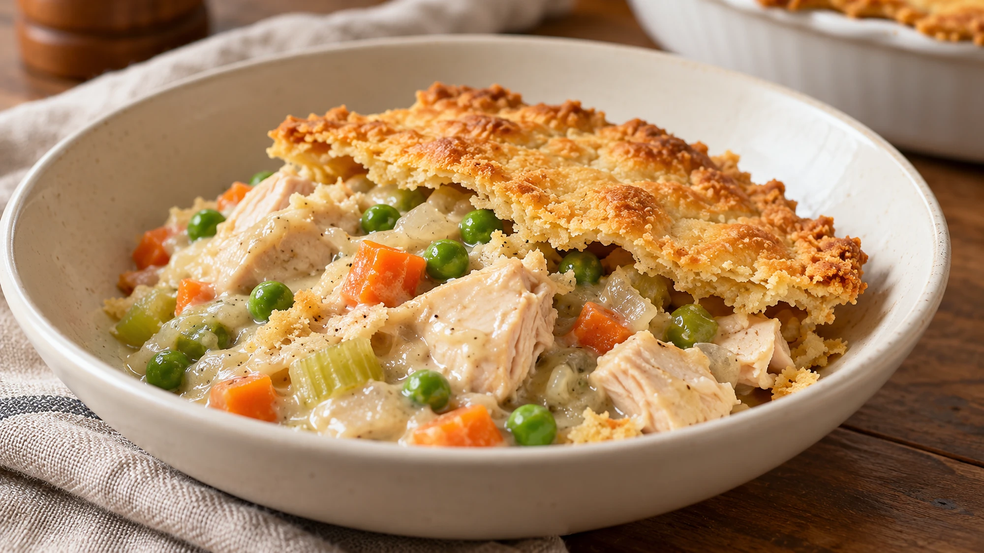 Spooned chicken pot pie serving with a thin golden crust
