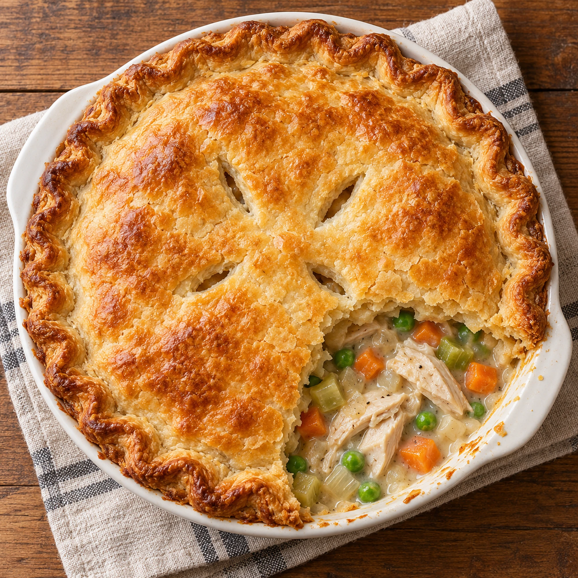 Overhead chicken pot pie with steam vents and a scoop removed