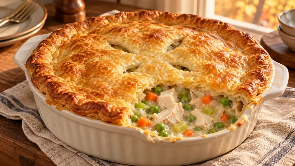 Chicken pot pie with a golden pastry lid and creamy filling