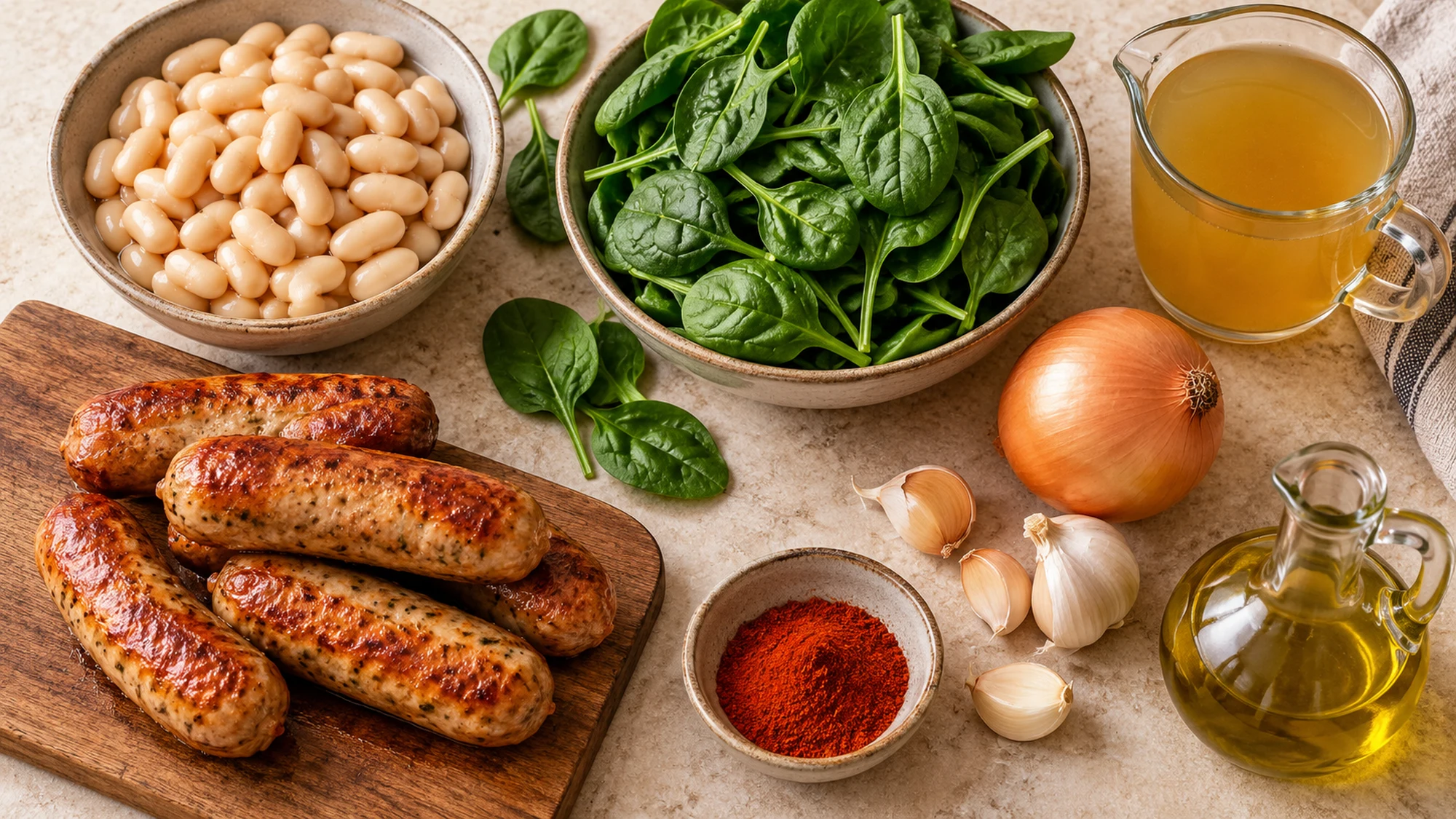 Ingredients for chicken sausage white bean skillet