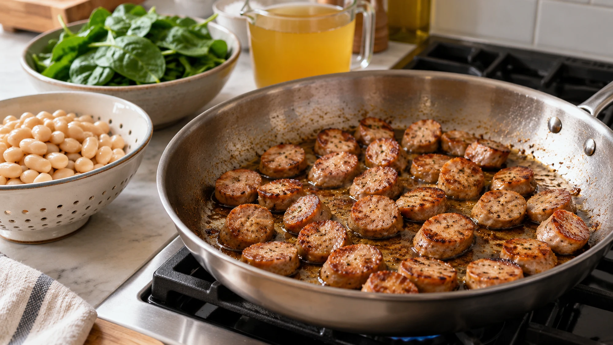 chicken sausage white bean skillet during cooking