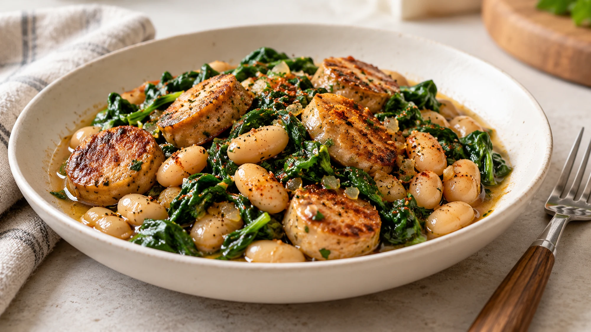 Chicken sausage white bean skillet served in a shallow bowl