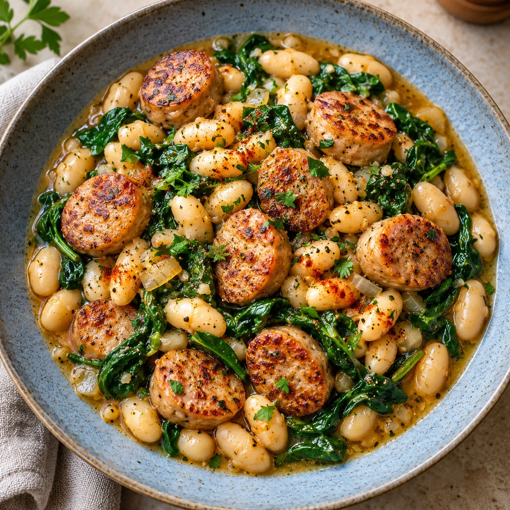 Chicken sausage white bean skillet with beans and greens in a blue bowl
