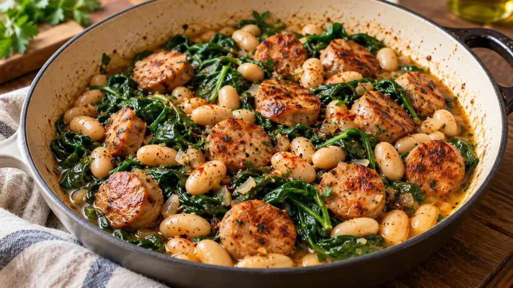 Chicken sausage white bean skillet with browned sausage and greens