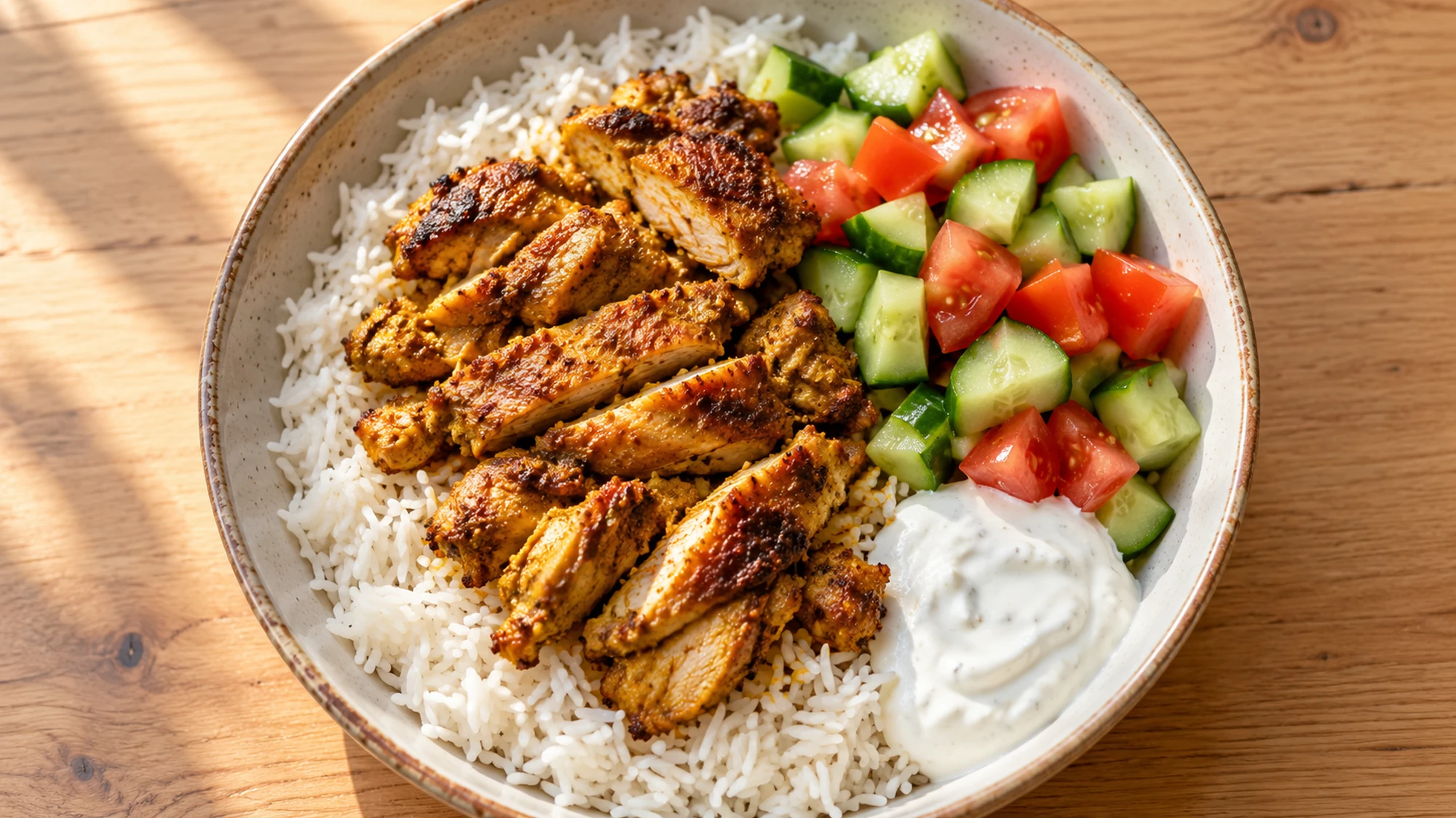 Chicken shawarma bowls served with separate colorful sections of rice and fresh vegetables