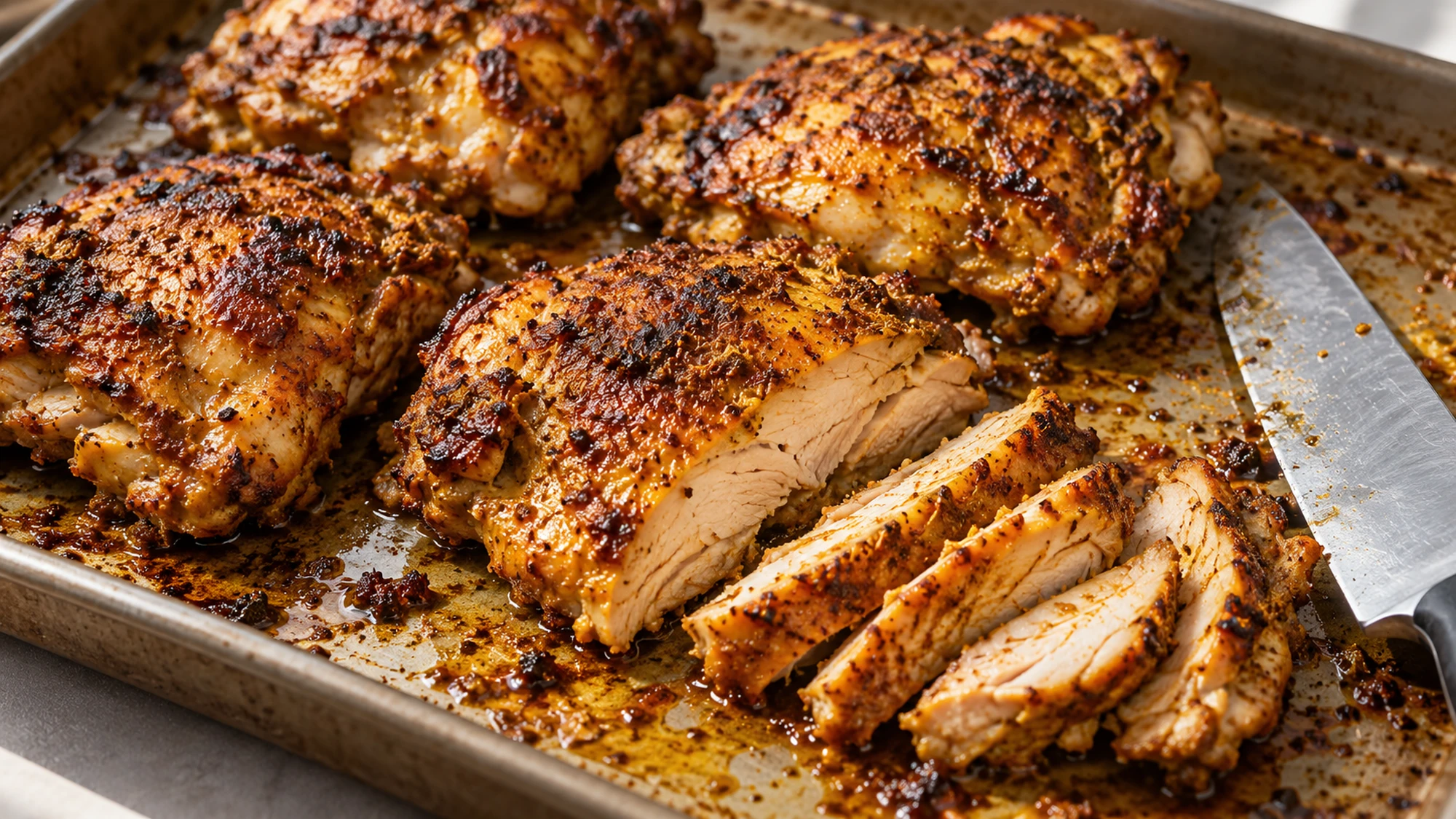 Roasted spiced thighs sliced on a sheet pan for chicken shawarma bowls
