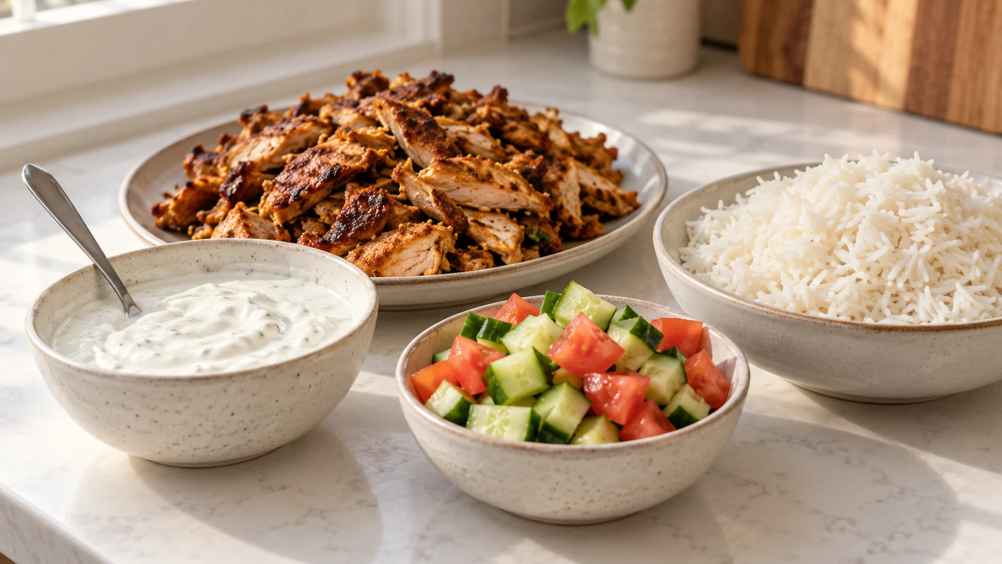 Rice, chicken, vegetables and yogurt sauce arranged separately for chicken shawarma bowls