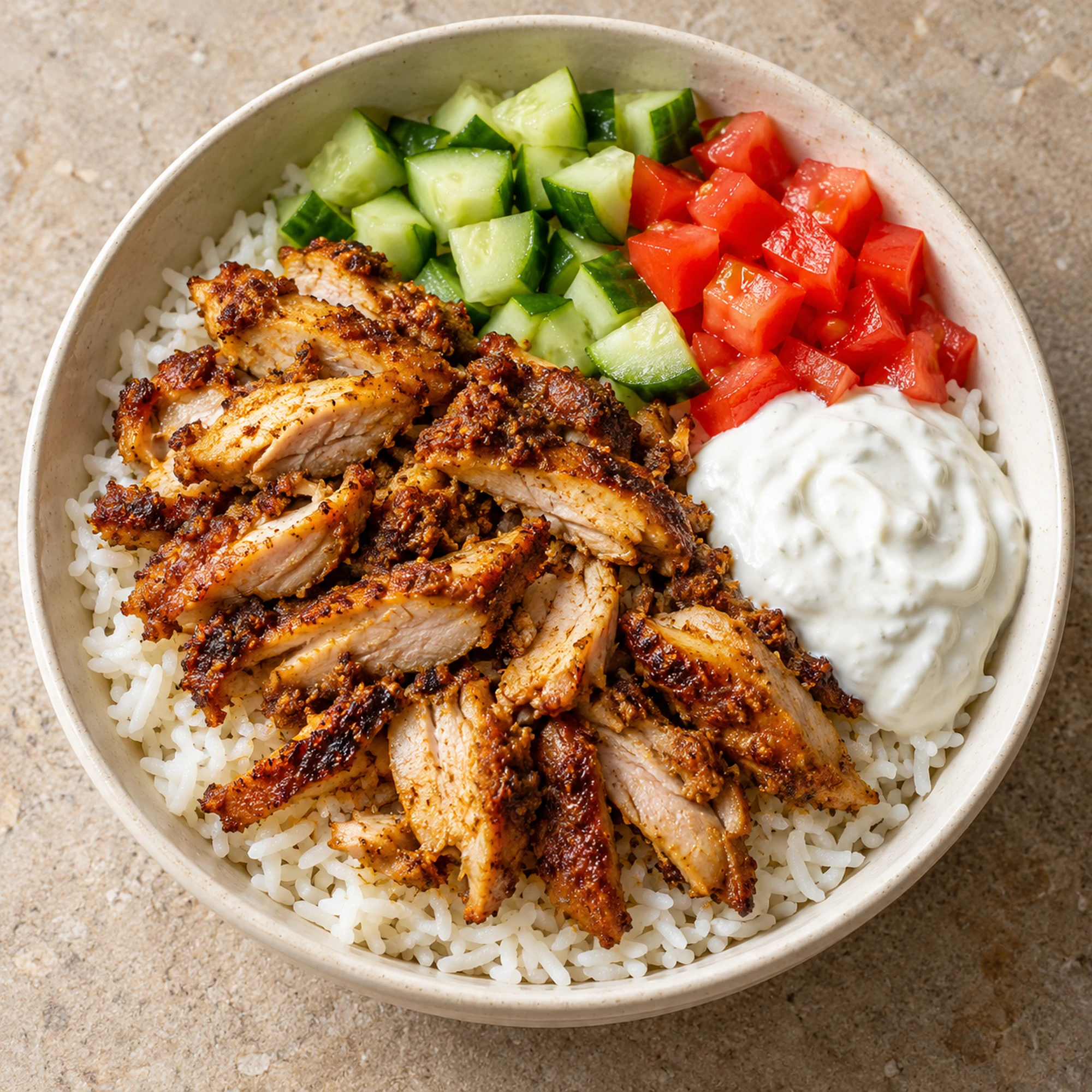 Chicken shawarma bowls with lemon garlic yogurt in a cream ceramic bowl
