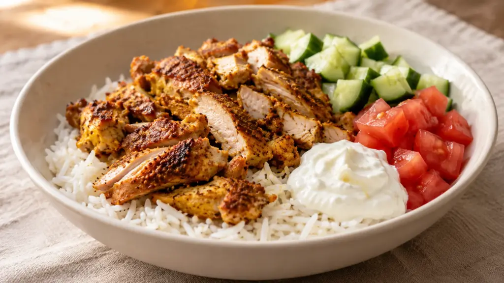 Chicken shawarma bowls with browned sliced chicken, rice, cucumber, tomato and yogurt sauce