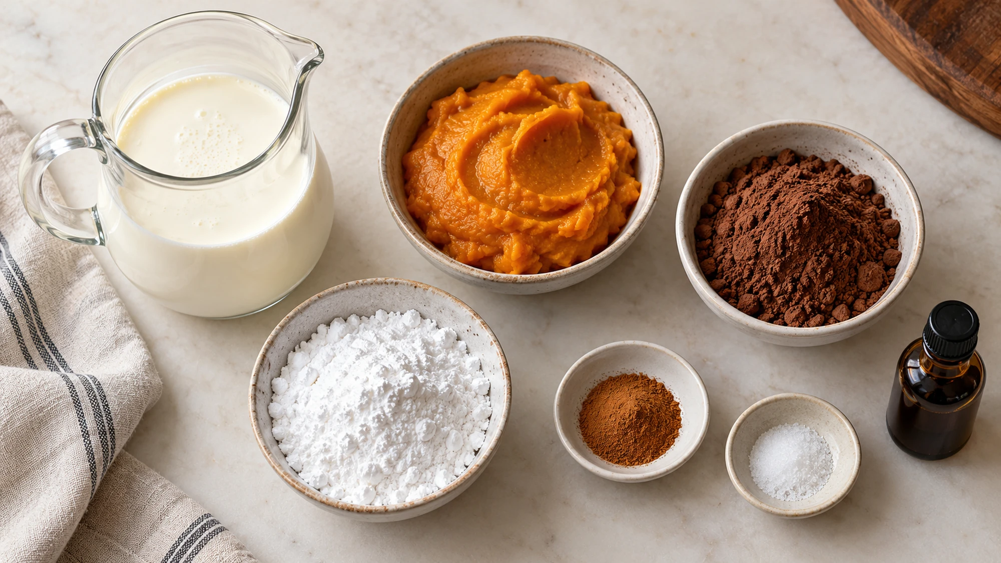 Cream, pumpkin puree, cocoa, powdered sugar and spices for chocolate pumpkin mousse