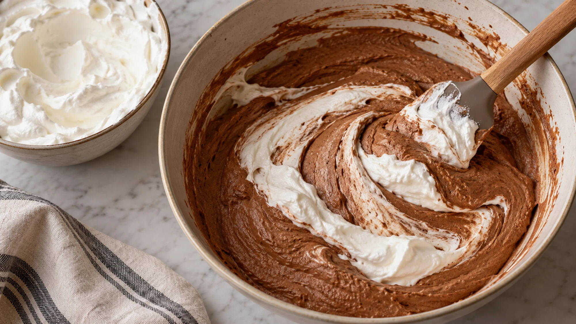 Whipped cream being folded into the cocoa mixture for chocolate pumpkin mousse