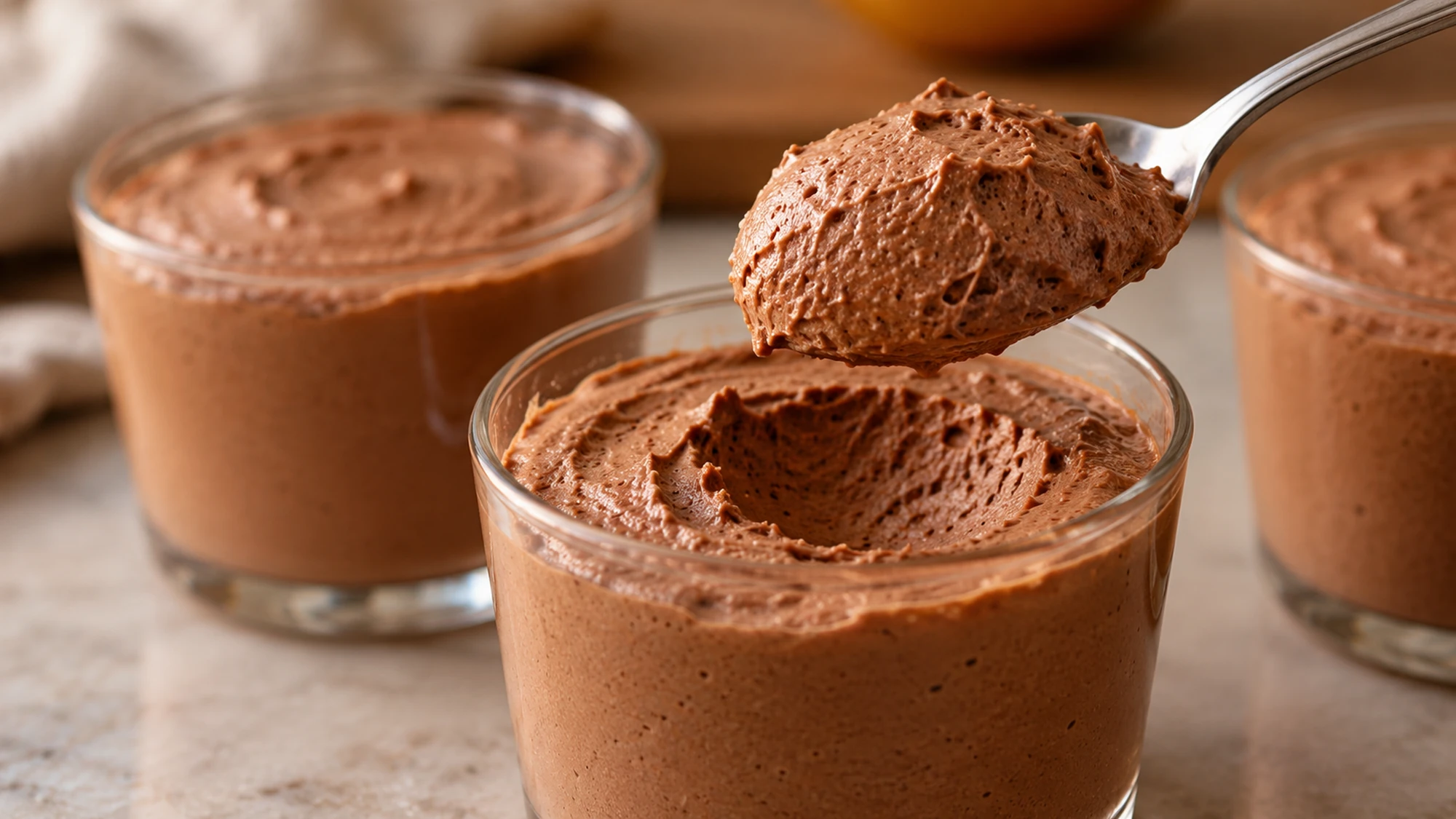Spoonful of chocolate pumpkin mousse showing its airy texture