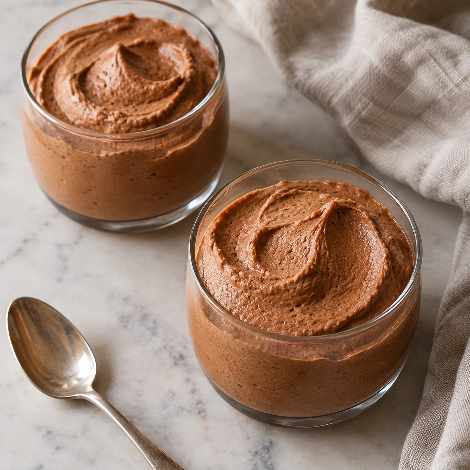 Chocolate pumpkin mousse in two small glasses beside a spoon and neutral linen