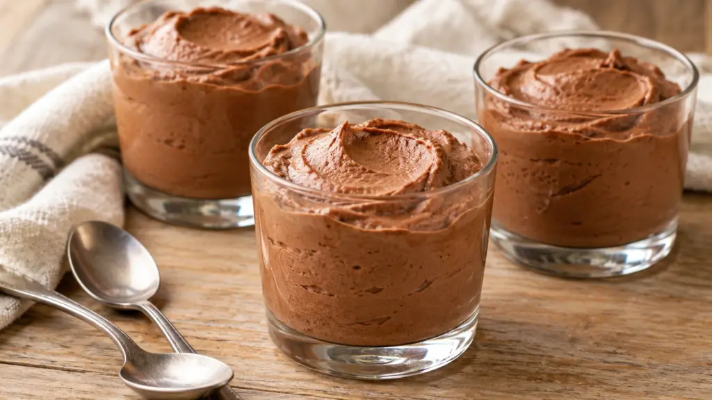 Chocolate pumpkin mousse in three small clear dessert glasses