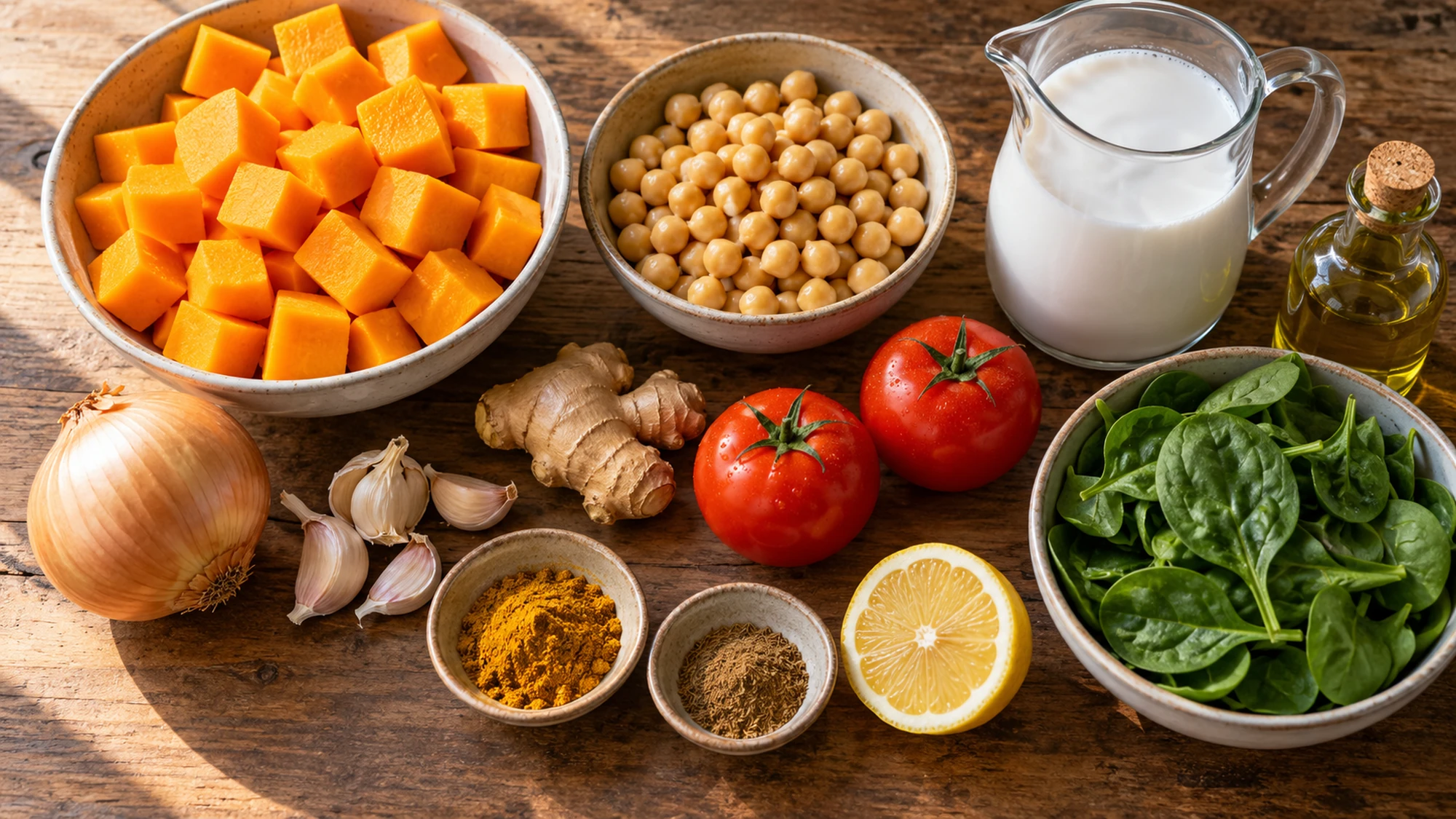 Ingredients for coconut butternut squash curry including squash, chickpeas, coconut milk and spices