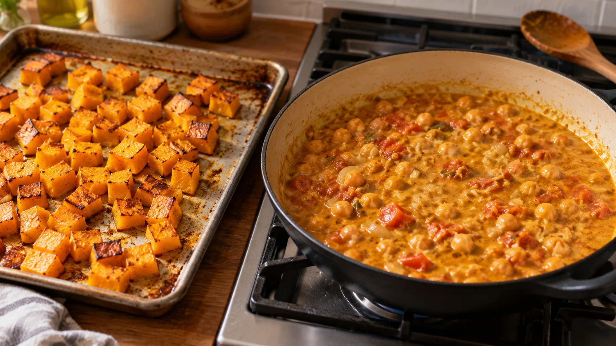 Roasted squash beside simmering chickpea sauce for coconut butternut squash curry