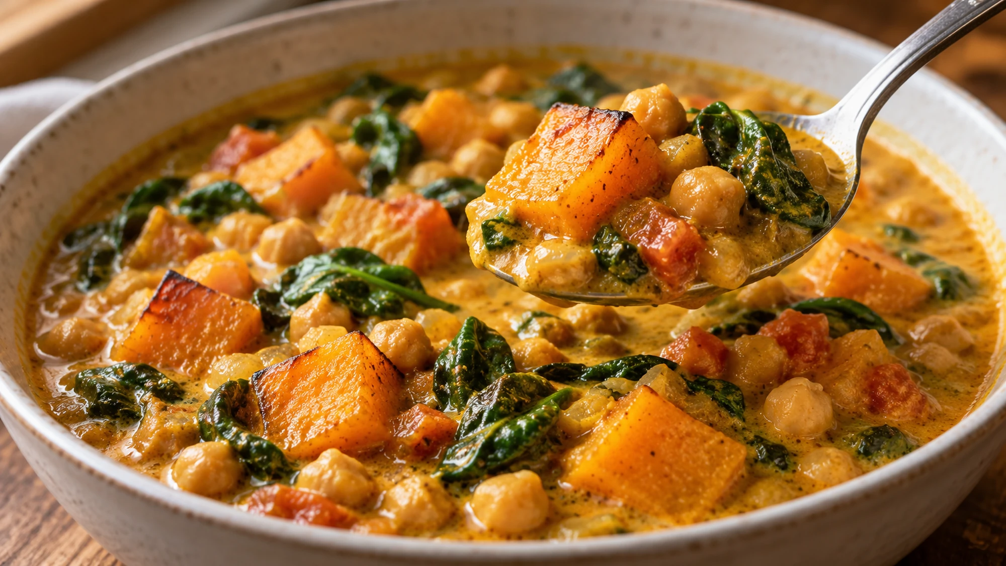 Spoonful of coconut butternut squash curry showing tender squash, chickpeas and spinach