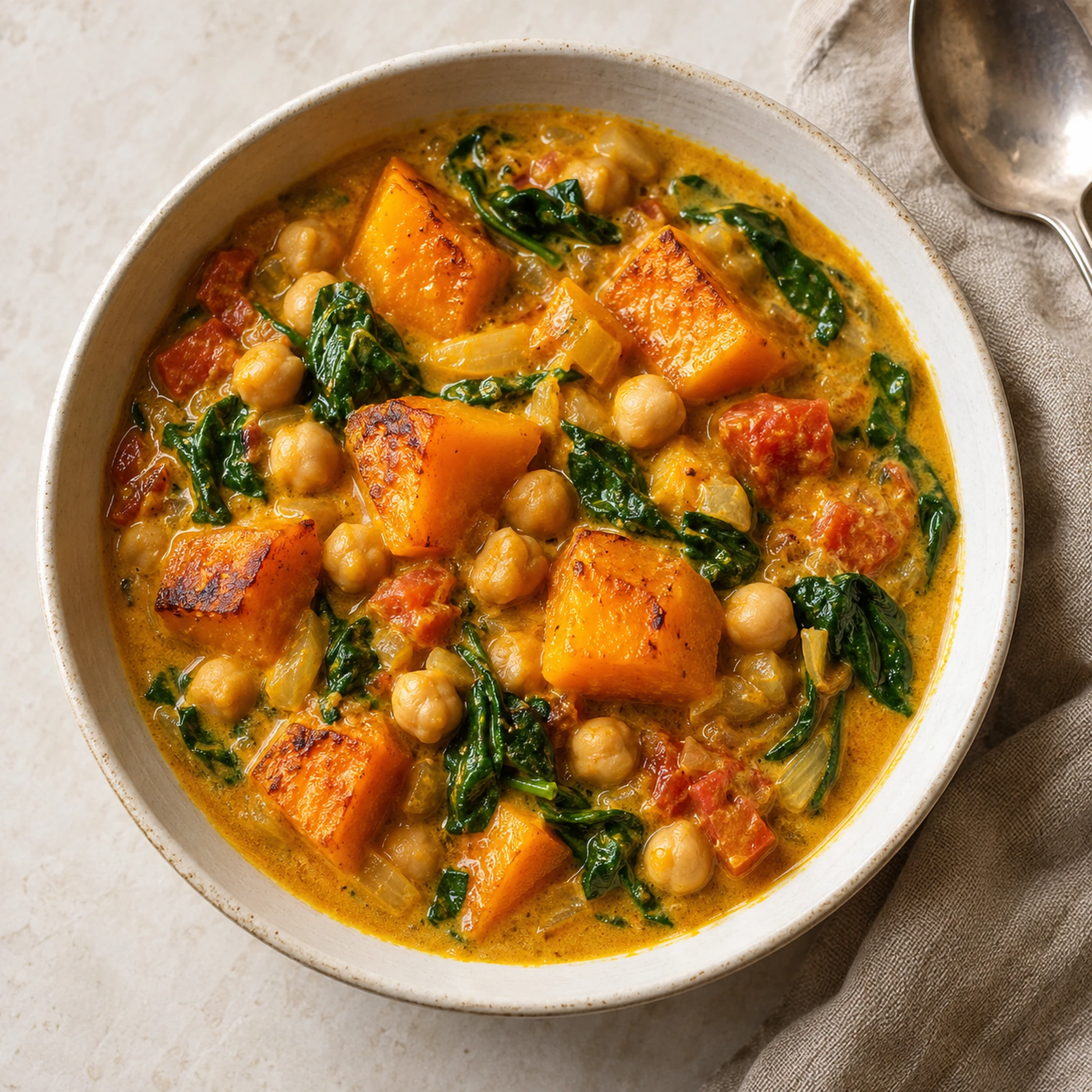 Coconut butternut squash curry viewed from above in a round cream bowl