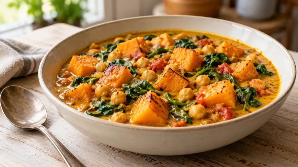Coconut butternut squash curry with roasted squash, chickpeas and spinach in a cream bowl