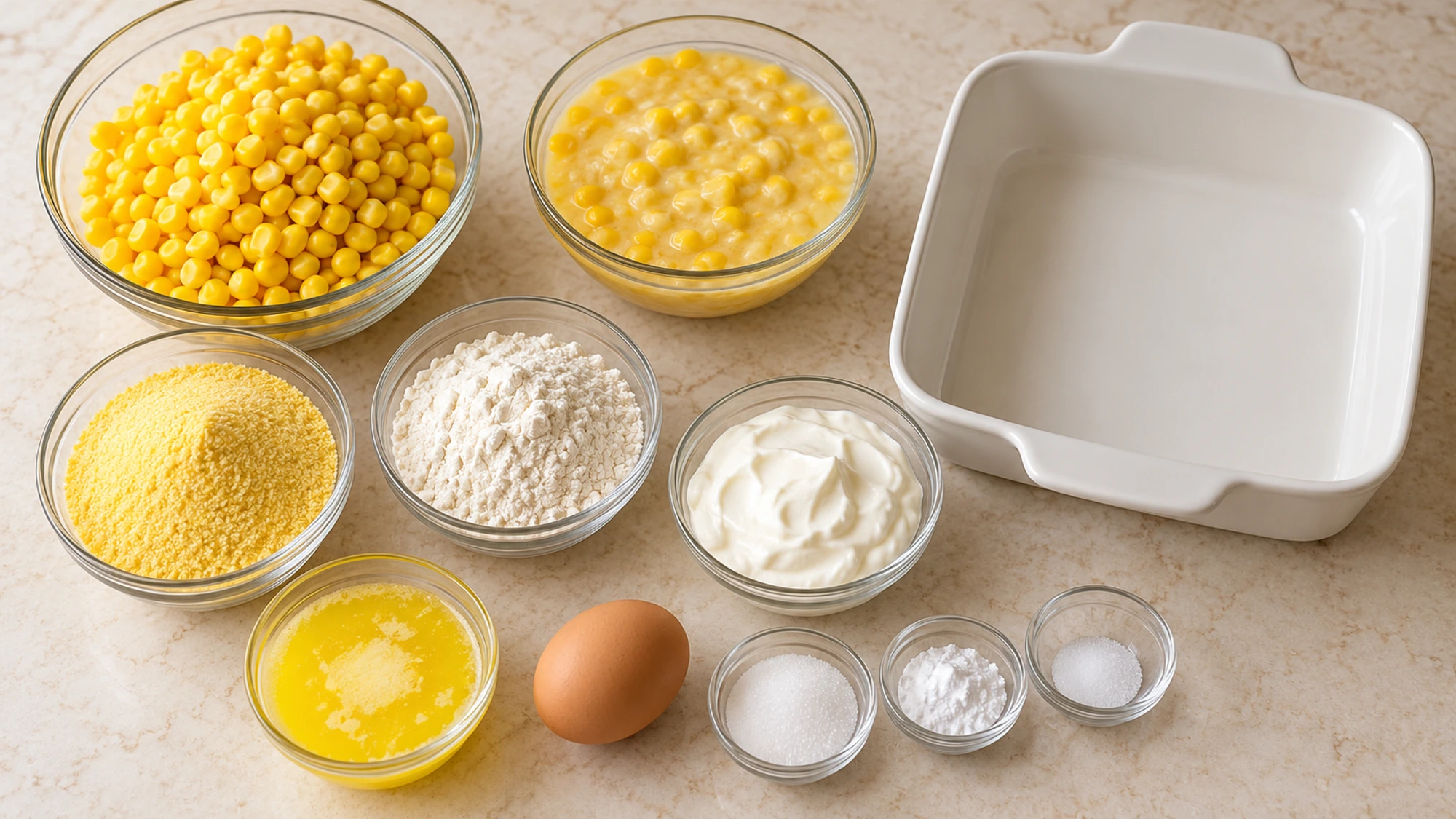 Corn casserole ingredients including cornmeal, flour, sour cream, corn, and one egg