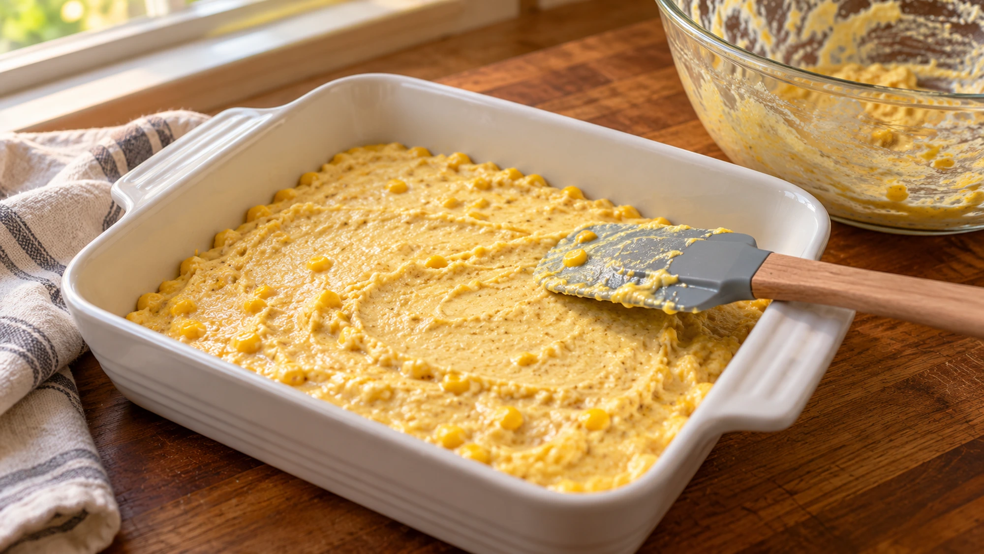 Corn casserole batter spread into a square baking dish