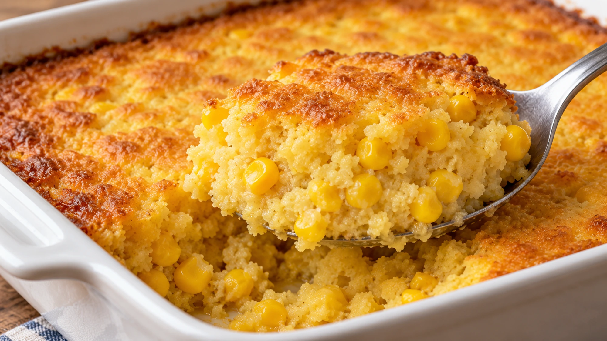 A spoon lifting corn casserole to show the moist cornmeal center