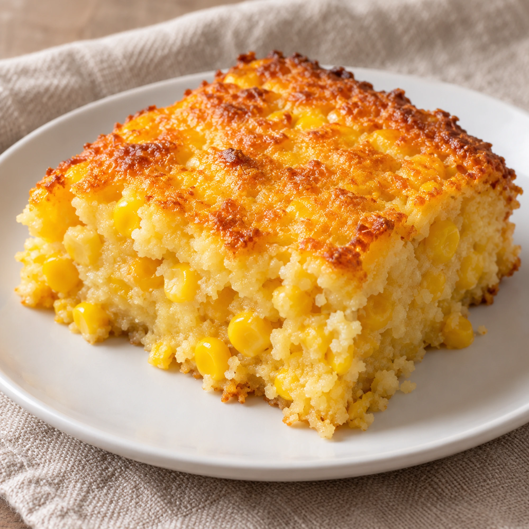 An individual portion of corn casserole on a white plate