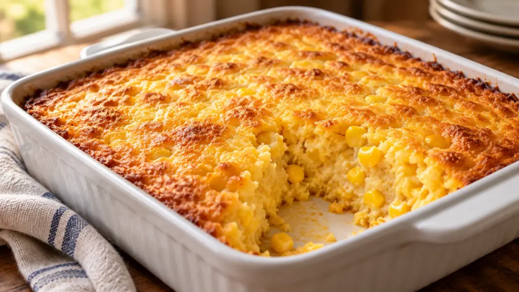 Corn casserole with golden edges in a white square baking dish