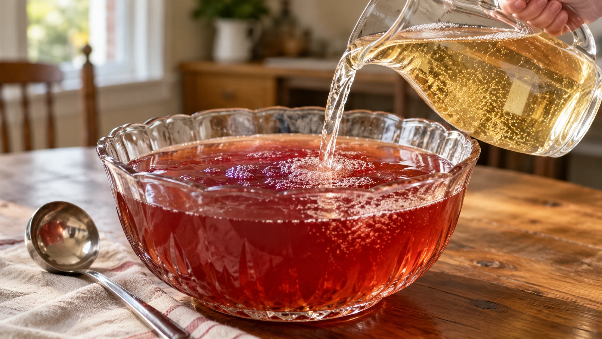 Cranberry apple punch gaining bubbles as ginger ale pours into the bowl