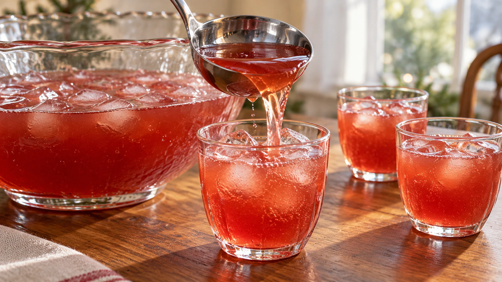 Cranberry apple punch being ladled into an ice-filled glass
