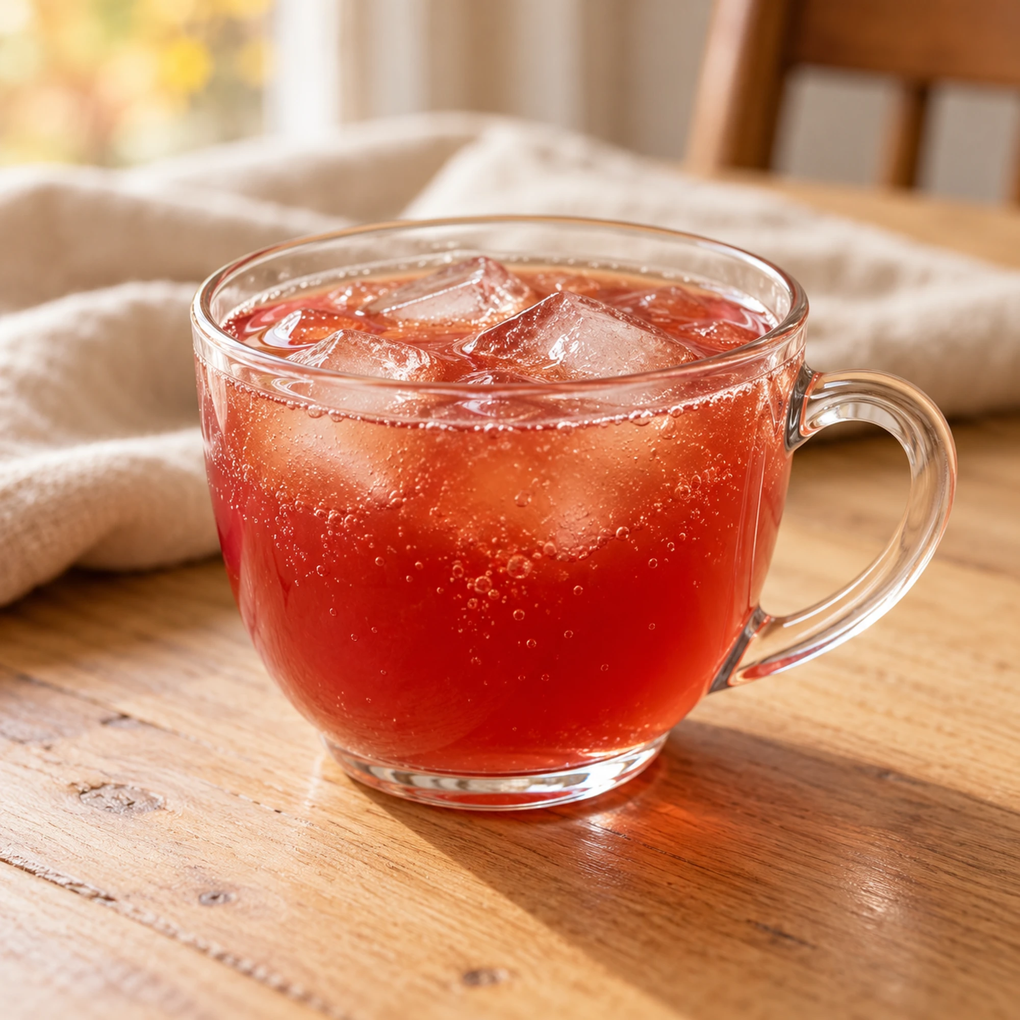 A small glass cup of cranberry apple punch with ice and gentle bubbles
