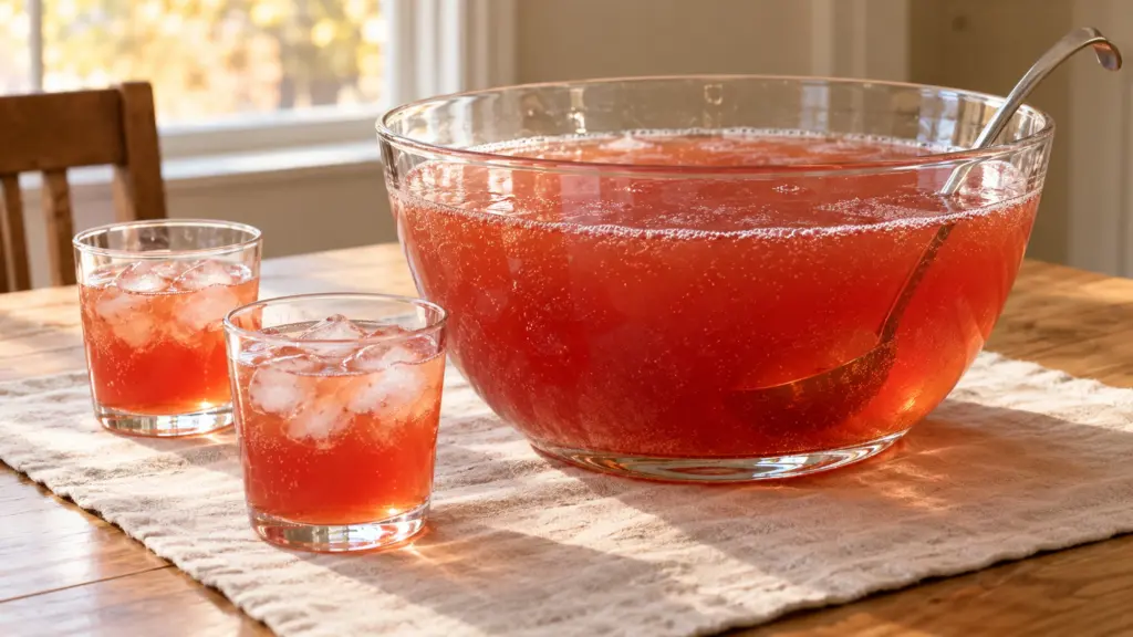 Cranberry apple punch in a glass bowl with two small servings