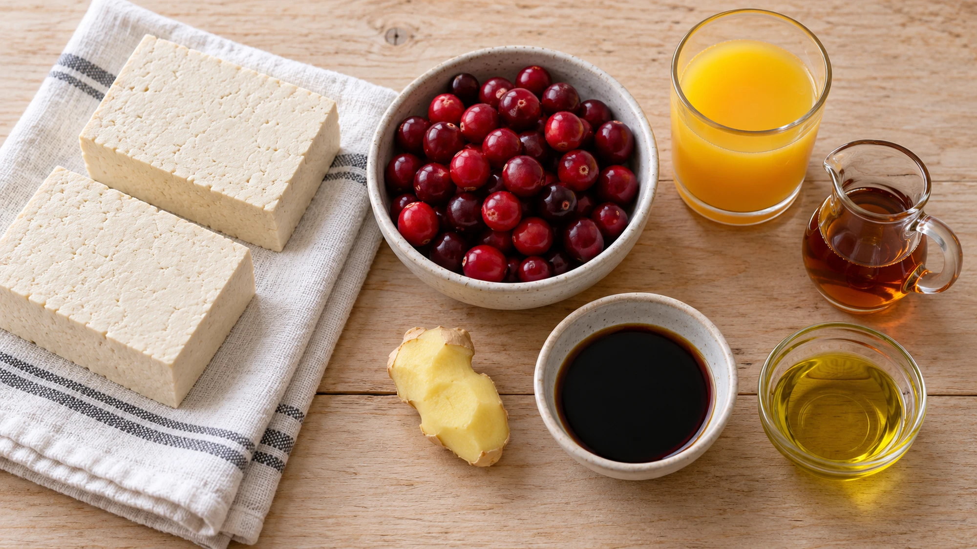 Ingredients for cranberry glazed tofu arranged beside drained tofu