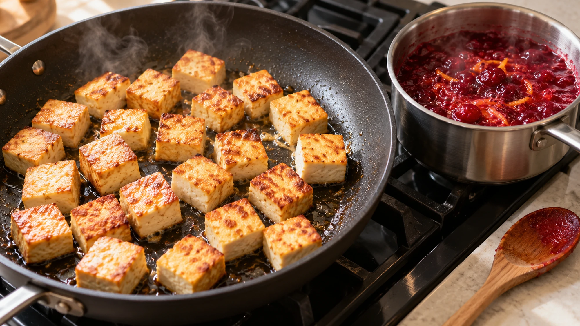 Tofu browning beside the sauce for cranberry glazed tofu